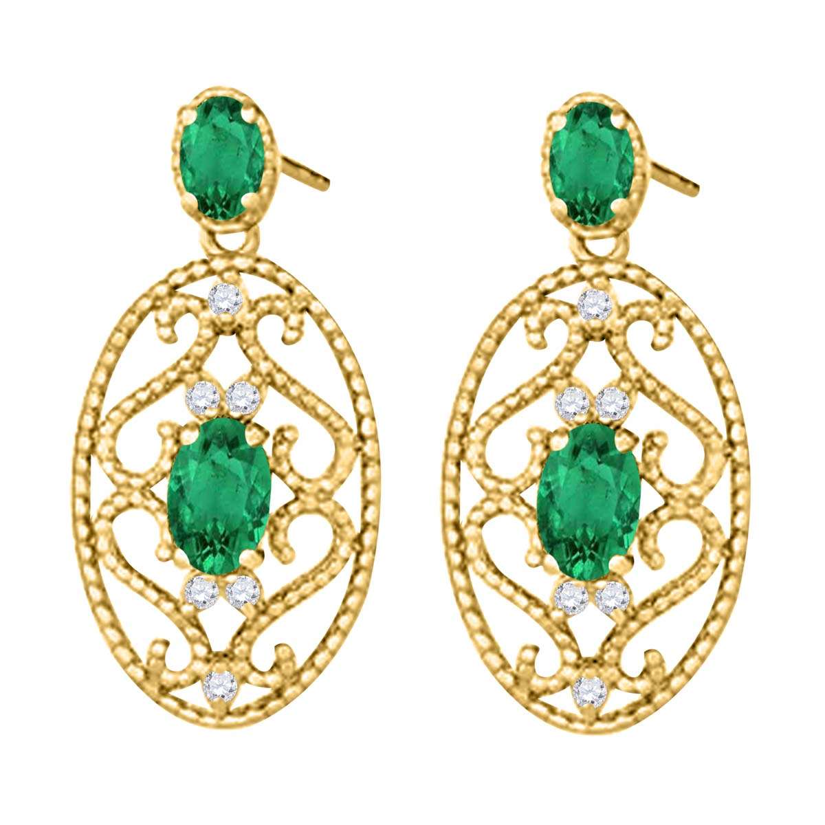 1.55 Carat Oval Shape Emerald and White Diamond Gemstone Earrings For Women In 10K Rose White & Yellow Gold