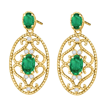 1.55 Carat Oval Shape Emerald and White Diamond Gemstone Earrings For Women In 10K Rose White & Yellow Gold