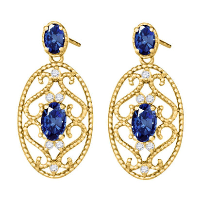 1.55 Carat Oval Shape Sapphire and White Diamond Designer Gemstone Earrings For Women In 10K Rose White & Yellow Gold