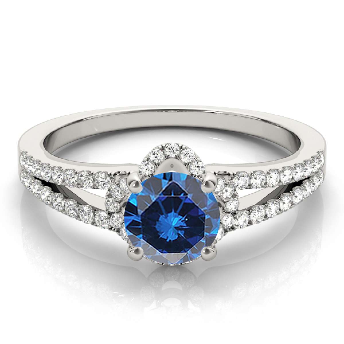 0.75 Carat Glitzy Halo Blue Diamond Engagement Wedding Ring in 14K Rose, White & Yellow Gold Mauli Jewels