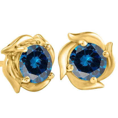 1.00 Carat Prong Set Blue Diamond Stud Earrings For Women In 14K Rose White & Yellow Gold With Secure Backs