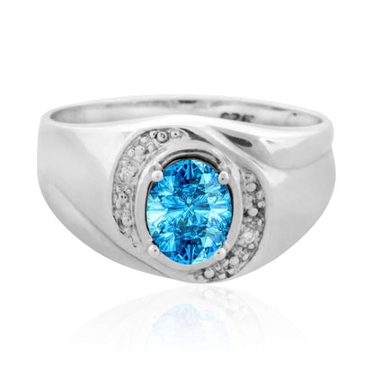 0.95 Carat Oval Shape Blue-topaz And Prong Set White Diamond Rings For Men In 10K Yellow Gold / White Gold