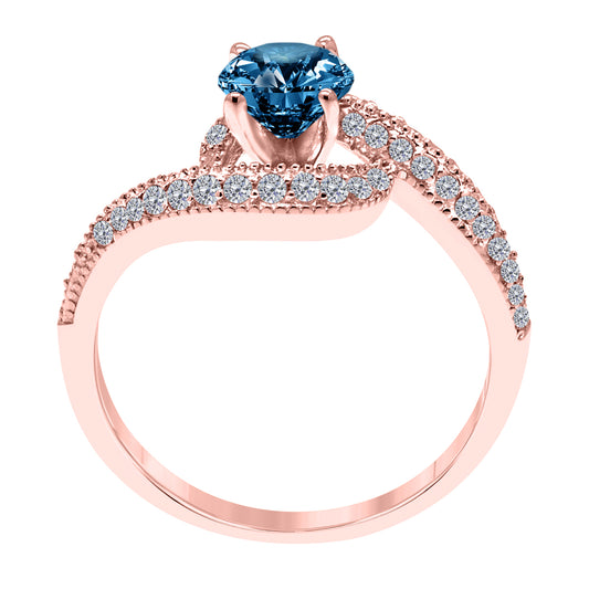 MauliJewels 1.00 Carat Blue & White Diamond Engagement Ring for Women in 10K Gold, Round Halo Style Curved Wedding Ring with 4 Prong Setting