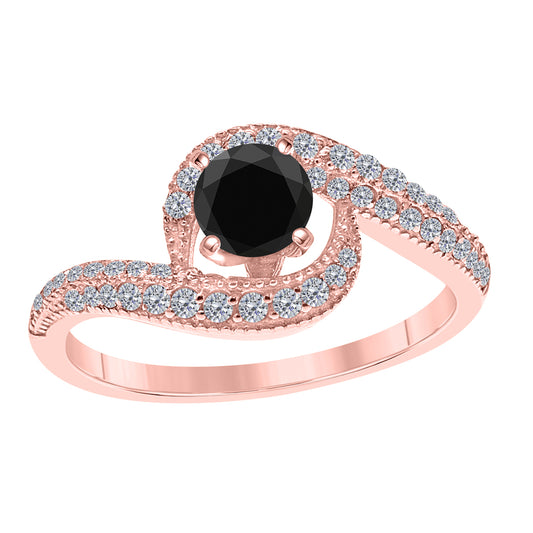 MauliJewels 1.00 Carat Black & White Diamond Engagement Ring for Women in 10K Gold, Round Halo Style Curved Wedding Ring with 4 Prong Setting