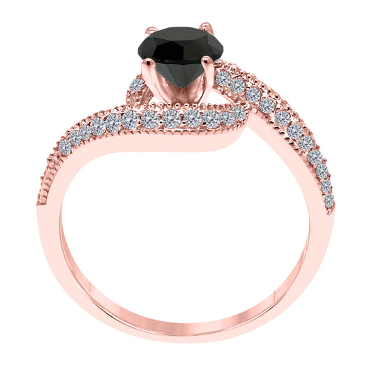 MauliJewels 1.00 Carat Black & White Diamond Engagement Ring for Women in 10K Gold, Round Halo Style Curved Wedding Ring with 4 Prong Setting