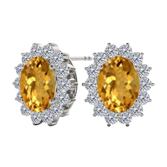 3.45 Carat Oval Citrine And Natural Round White Diamond Gemstone Stud Earrings Carat 10K White Gold / Yellow Gold