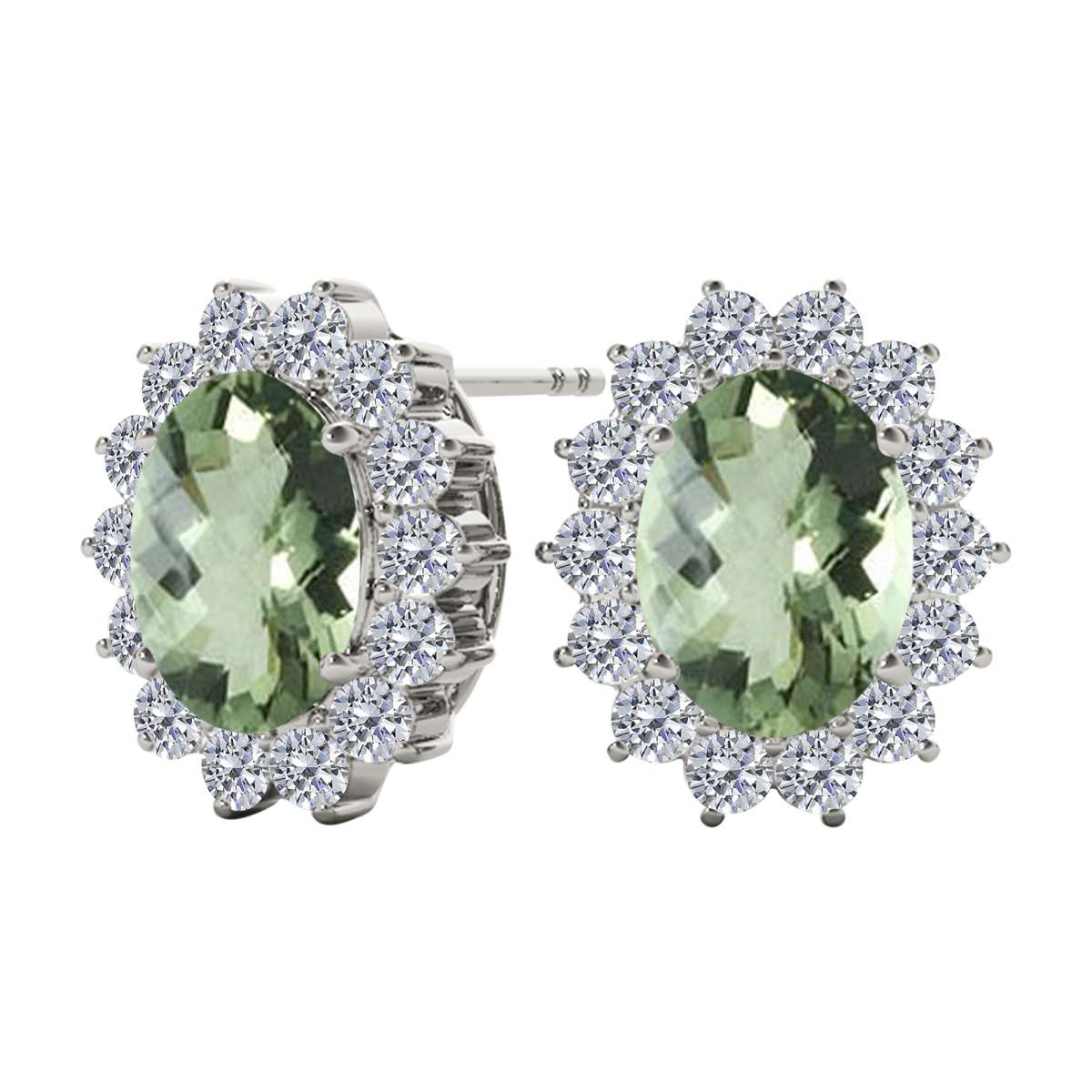 3.45 Carat Oval Green Amethyst Gemstone And Round Natural Diamond ( J-K/ I1-I2 ) Stud Earrings Carat 10K White & Yellow Gold