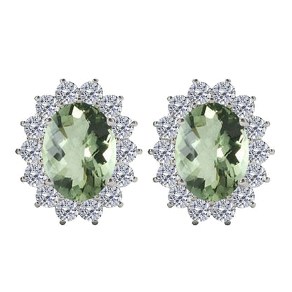 3.45 Carat Oval Green Amethyst Gemstone And Round Natural Diamond ( J-K/ I1-I2 ) Stud Earrings Carat 10K White & Yellow Gold