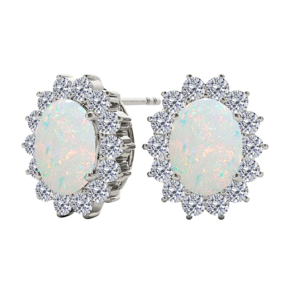 3.45 Carat Natural Diamond And Oval Opal Gemstone Stud Earrings For Women's In 10K White & Yellow Gold