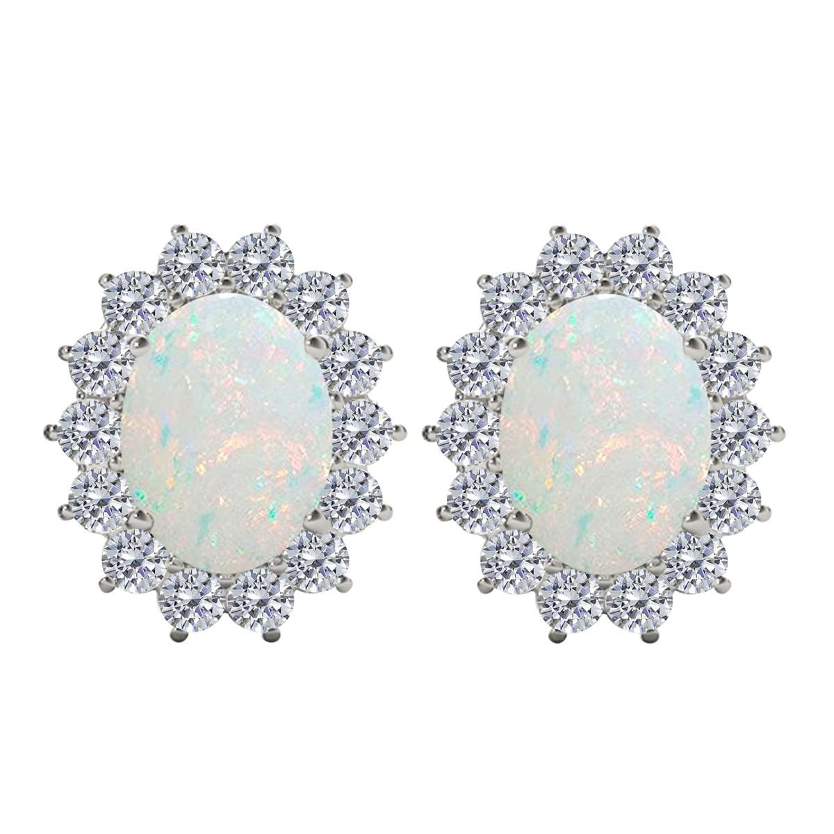 3.45 Carat Natural Diamond And Oval Opal Gemstone Stud Earrings For Women's In 10K White & Yellow Gold