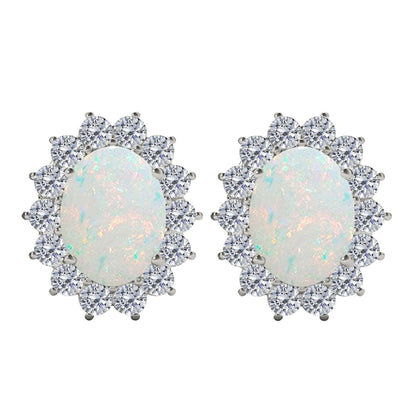 3.45 Carat Natural Diamond And Oval Opal Gemstone Stud Earrings For Women's In 10K White & Yellow Gold