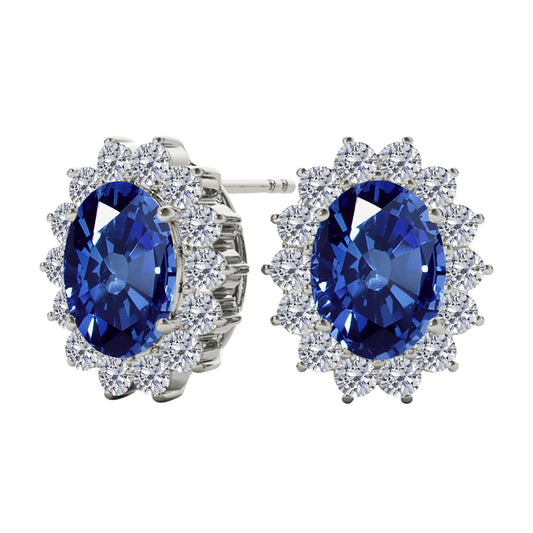 3.45 Carat Oval Sapphire And Natural Round White Diamond Gemstone Stud Earrings Carat 10K White / Yellow Gold