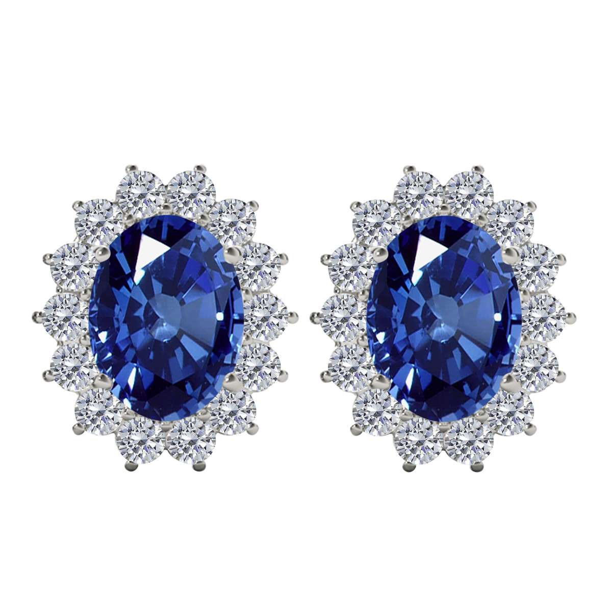 3.45 Carat Oval Sapphire And Natural Round White Diamond Gemstone Stud Earrings Carat 10K White / Yellow Gold