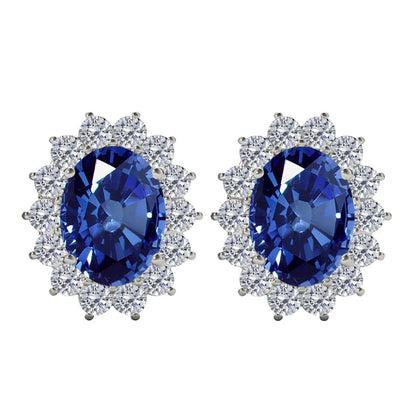 3.45 Carat Oval Sapphire And Natural Round White Diamond Gemstone Stud Earrings Carat 10K White / Yellow Gold