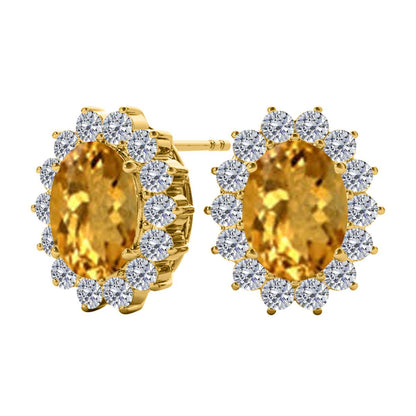 3.45 Carat Oval Citrine And Natural Round White Diamond Gemstone Stud Earrings Carat 10K White Gold / Yellow Gold