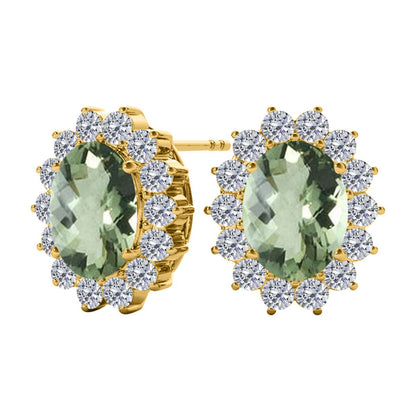 3.45 Carat Oval Green Amethyst Gemstone And Round Natural Diamond ( J-K/ I1-I2 ) Stud Earrings Carat 10K White & Yellow Gold