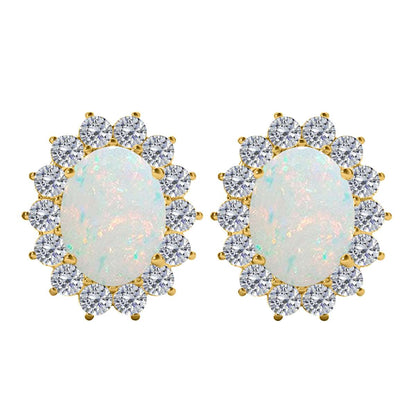 3.45 Carat Natural Diamond And Oval Opal Gemstone Stud Earrings For Women's In 10K White & Yellow Gold