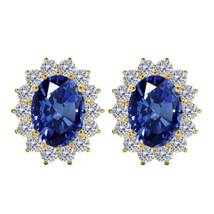 3.45 Carat Oval Sapphire And Natural Round White Diamond Gemstone Stud Earrings Carat 10K White / Yellow Gold