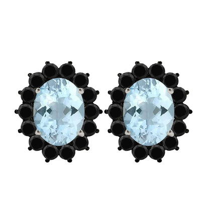 3.45 Carat Oval Shape Aquamarine And Natural Black Diamond Stud Earrings Carat 10K White Gold/Yellow Gold