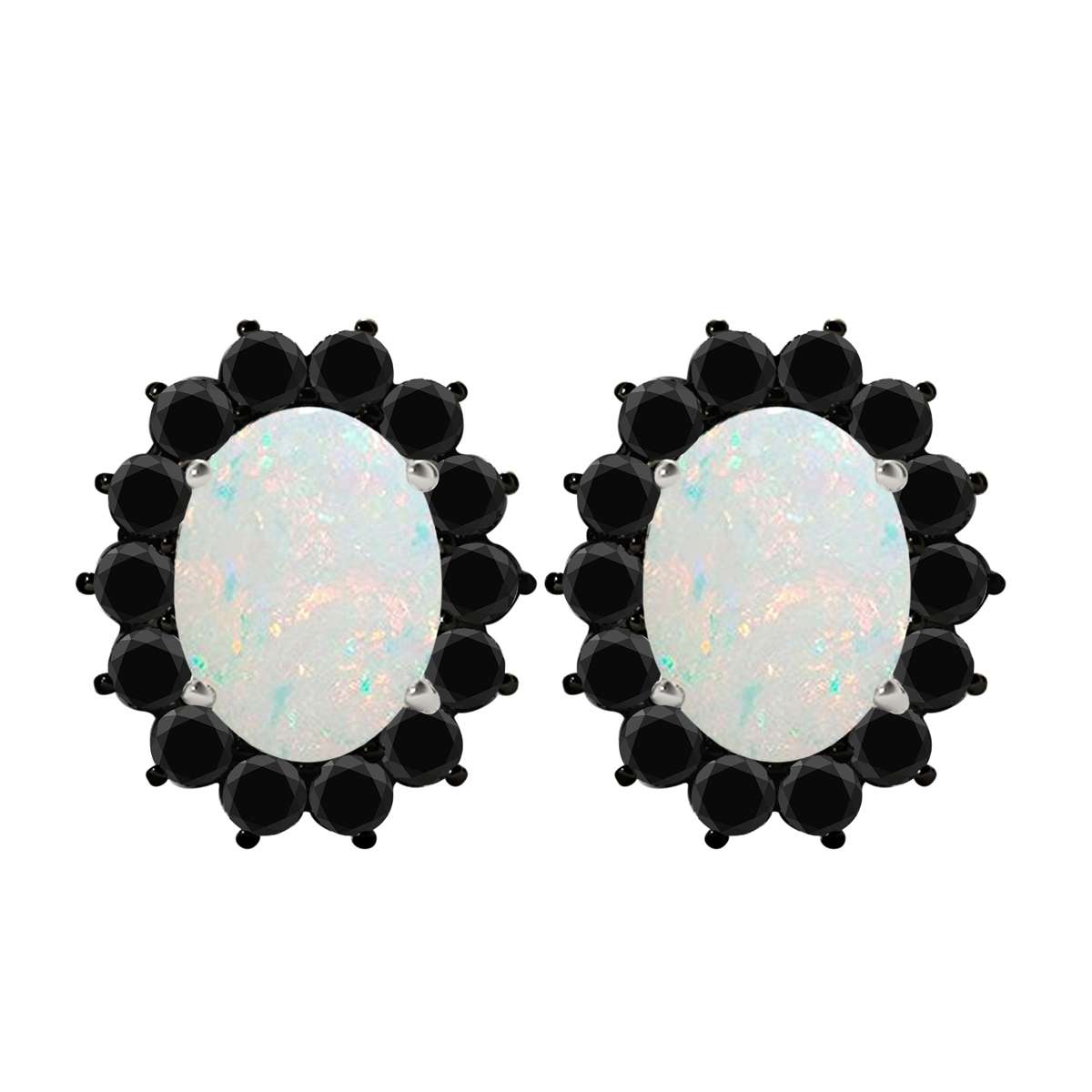 3.45 Carat Oval Shape Opal And Natural Black Diamond Stud Earrings Carat 10K White Gold / Yellow Gold