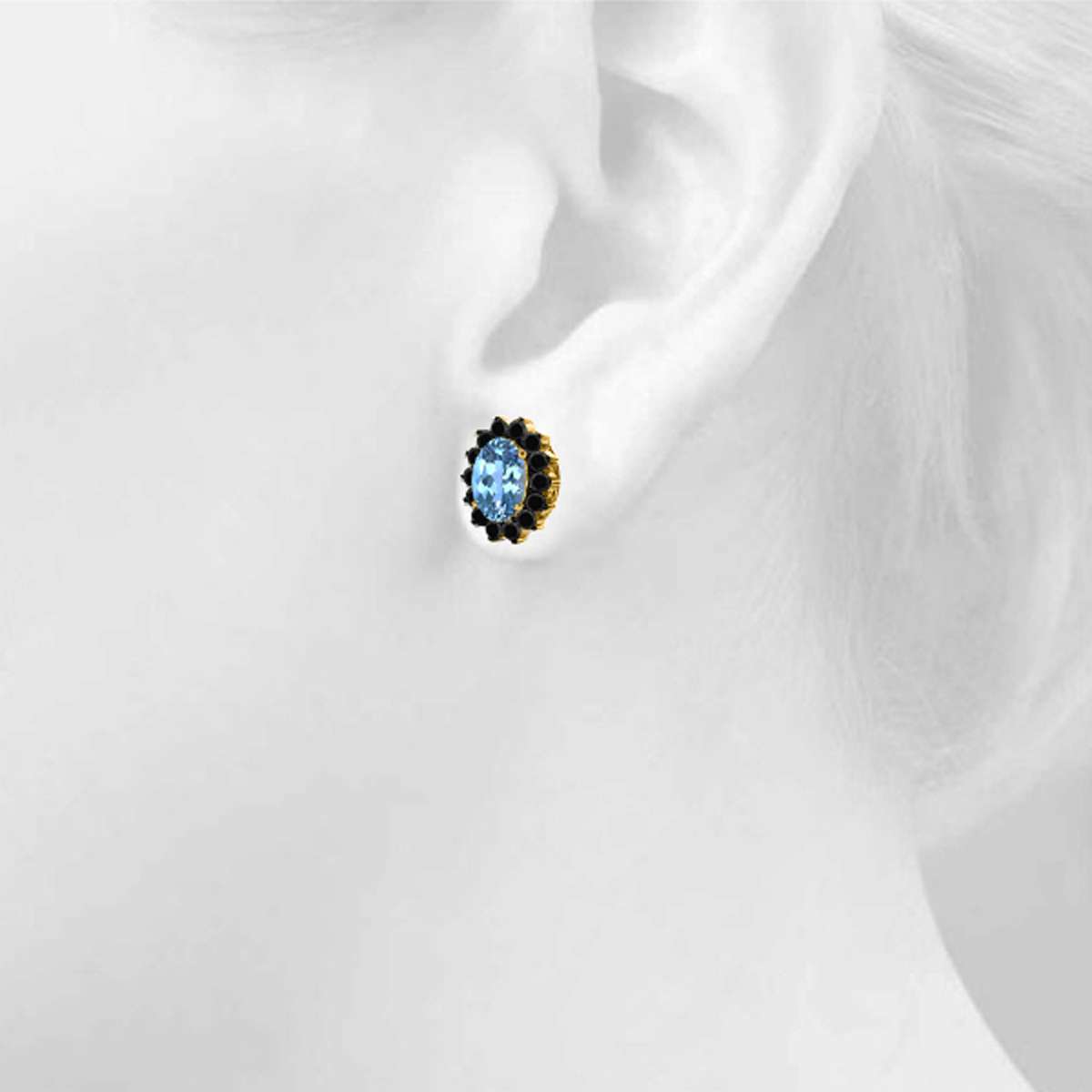 3.45 Carat Oval Shape Blue-topaz And Natural Black Diamond Stud Earrings Carat 10K White Gold / Yellow Gold