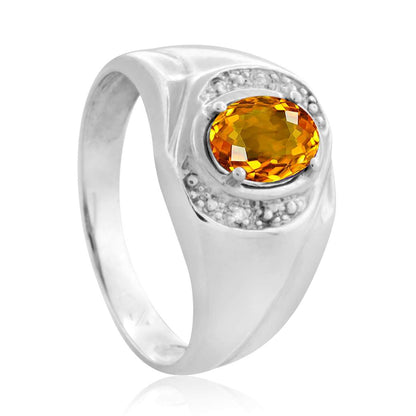 10K White & Yellow Gold 0.95 Carat Oval Shape Citrine And White Diamond Gemstone Ring For Men's