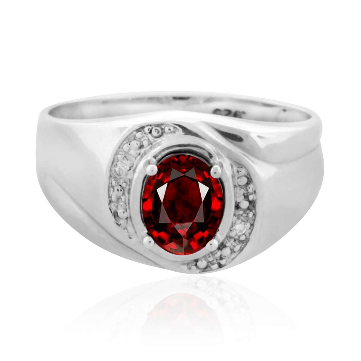 0.95 Carat Oval Shape Garnet And White Diamond Gemstone Rings For Men's 10K White & Yellow Gold