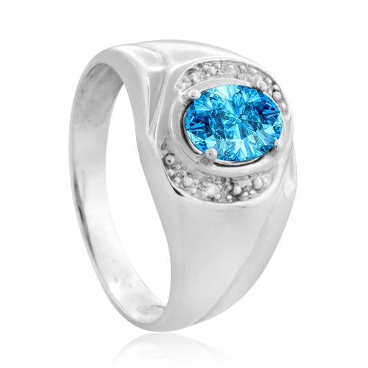 0.95 Carat Oval Shape Blue-topaz And Prong Set White Diamond Rings For Men In 10K Yellow Gold / White Gold