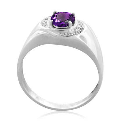 0.95 Carat Oval Shape Amethyst And Round White Diamond Men's Gemstone Ring In 10K White & Yellow Gold