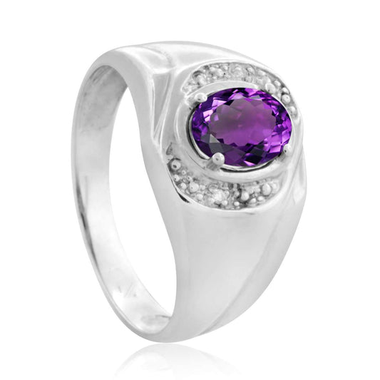 0.95 Carat Oval Shape Amethyst And Round White Diamond Men's Gemstone Ring In 10K White & Yellow Gold