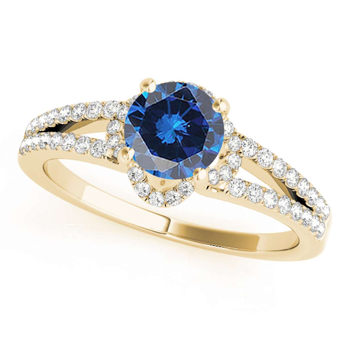 0.75 Carat Glitzy Halo Blue Diamond Engagement Wedding Ring in 14K Rose, White & Yellow Gold Mauli Jewels