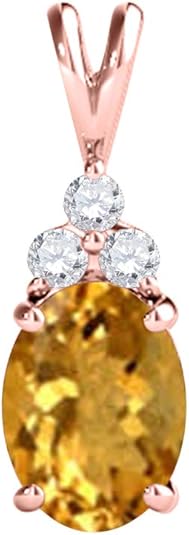 Mauli Jewels 1.25 CT Oval Natural Citrine & White Diamond Pendant | 10K Rose, White, Yellow Gold | 18" Gold Plated Silver Chain | Antique Style Gemstone Necklace