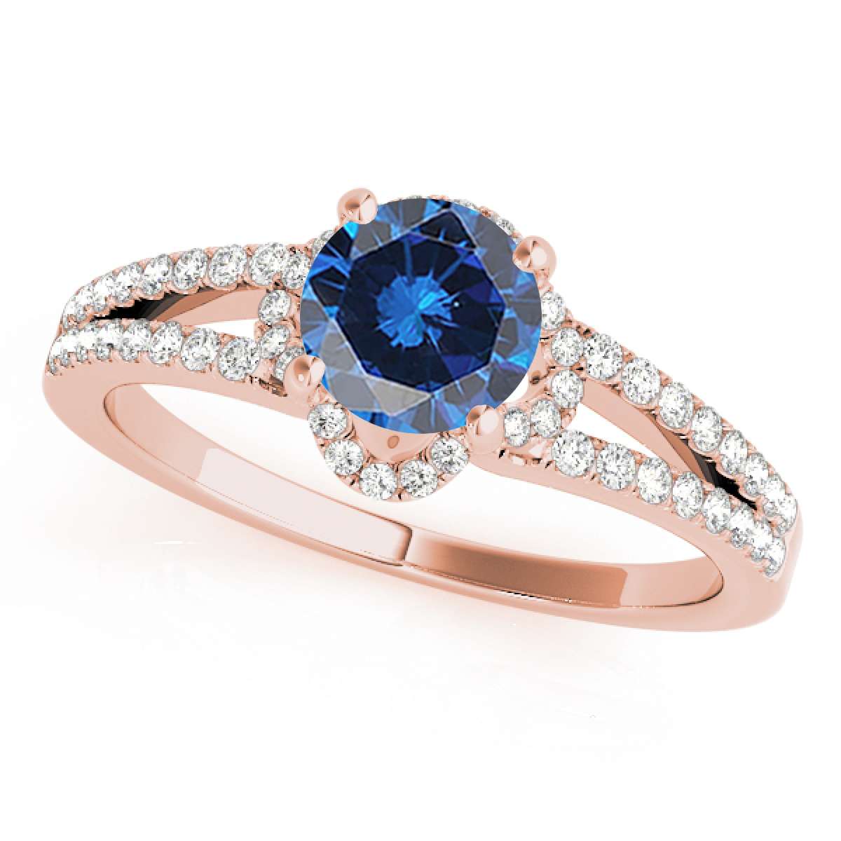 0.75 Carat Glitzy Halo Blue Diamond Engagement Wedding Ring in 14K Rose, White & Yellow Gold Mauli Jewels