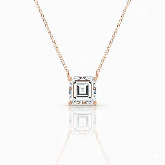 Mauli Jewels 9.00 Ct Asscher Cut Moissanite Solitaire Pendant Necklace for Women, EF-VS1 Clarity, 14K Gold Over 925 Sterling Silver with Silver Cable Chain, Rose, White & Yellow Gold