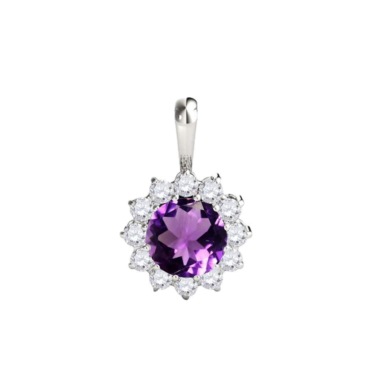 Mauli Jewels Engagement Necklace for Women 0.45 Carat Round Shaped Amethyst and Diamond Pendant 4-prong 10K White Gold