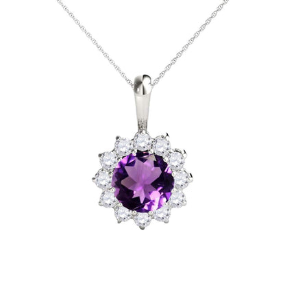 Mauli Jewels Engagement Necklace for Women 0.45 Carat Round Shaped Amethyst and Diamond Pendant 4-prong 10K White Gold