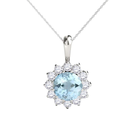 Mauli Jewels Engagement Necklace for Women 0.50 Carat Round Shaped Aquamarine and Diamond Pendant 4-prong 10K White Gold