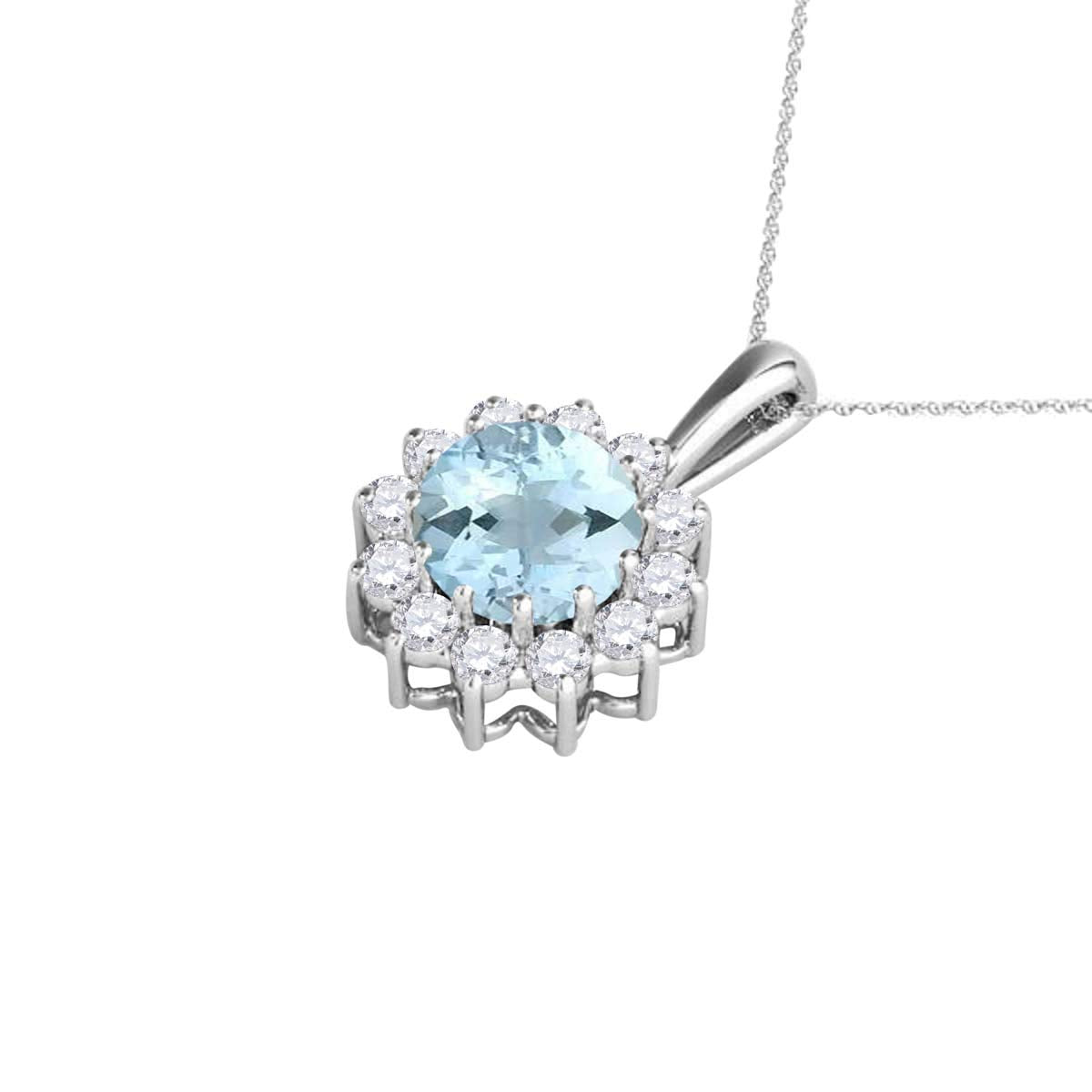 Mauli Jewels Engagement Necklace for Women 0.50 Carat Round Shaped Aquamarine and Diamond Pendant 4-prong 10K White Gold