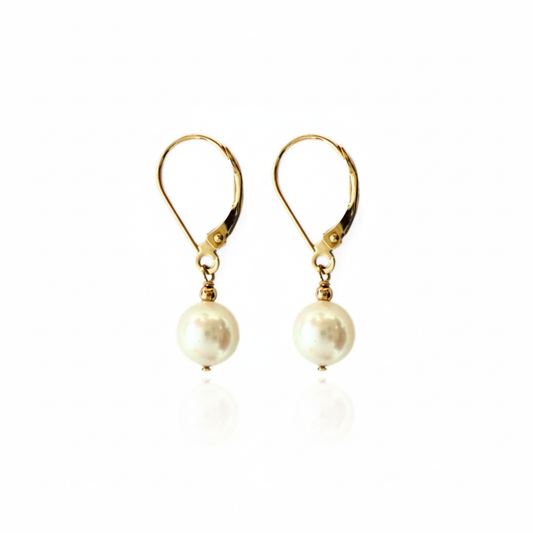 Mauli Jewels 14K Yellow Gold Leverback Earrings with Genuine 7MM Freshwater Cultured Pearl for Women, Elegant Dangle Drop Bridal Wedding Anniversary Jewelry Gift