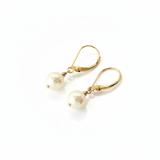 Mauli Jewels 14K Yellow Gold Leverback Earrings with Genuine 7MM Freshwater Cultured Pearl for Women, Elegant Dangle Drop Bridal Wedding Anniversary Jewelry Gift