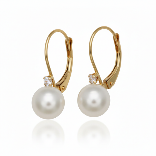 Mauli Jewels 14K Yellow Gold Leverback Earrings for Women with CZ and Freshwater Pearls, Elegant Dangle Drop Earrings, Classic Bridal Jewelry Gift