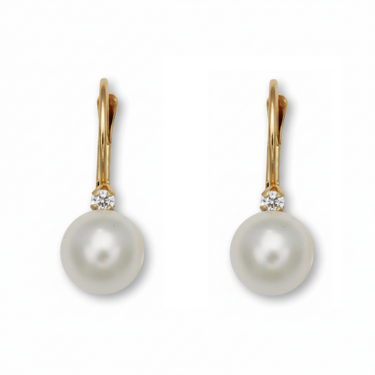 Mauli Jewels 14K Yellow Gold Leverback Earrings for Women with CZ and Freshwater Pearls, Elegant Dangle Drop Earrings, Classic Bridal Jewelry Gift