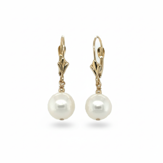 Mauli Jewels 14K Yellow Gold Leverback Earrings with Genuine 8.5MM White Pearl for Women, Classic Dangle Drop Earrings, Elegant Bridal Wedding Anniversary Jewelry Gift