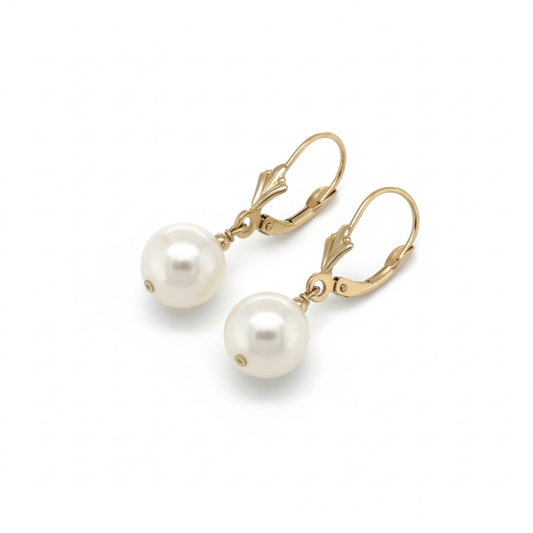 Mauli Jewels 14K Yellow Gold Leverback Earrings with Genuine 8.5MM White Pearl for Women, Classic Dangle Drop Earrings, Elegant Bridal Wedding Anniversary Jewelry Gift