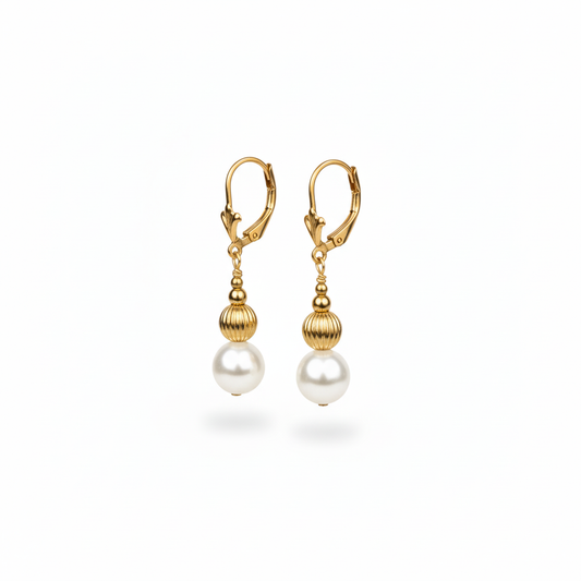 Mauli Jewels 14K Yellow Gold Genuine White Pearl Earrings for Women | Classic Stud and Drop Design, Elegant Bridal Wedding Anniversary Jewelry Gift
