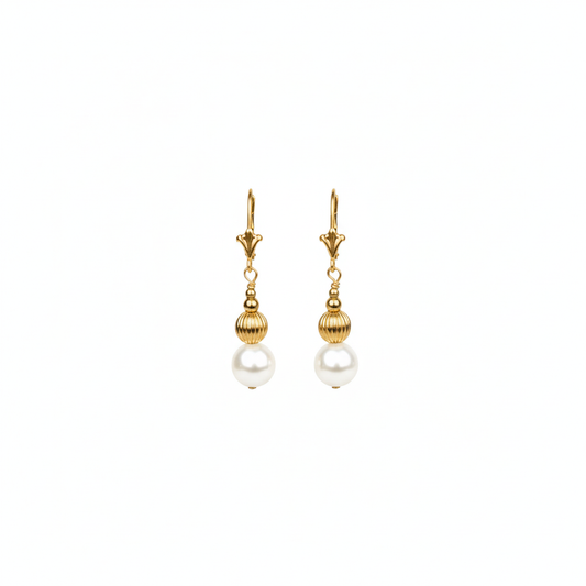 Mauli Jewels 14K Yellow Gold Genuine White Pearl Earrings for Women | Classic Stud and Drop Design, Elegant Bridal Wedding Anniversary Jewelry Gift