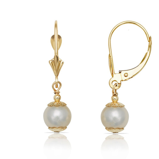 Mauli Jewels 14K Yellow Gold White Round Freshwater Cultured Pearl Leverback Earrings for Women, Elegant Dangle Drop Earrings, Wedding Anniversary Jewelry Gift