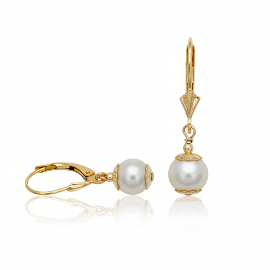 Mauli Jewels 14K Yellow Gold White Round Freshwater Cultured Pearl Leverback Earrings for Women, Elegant Dangle Drop Earrings, Wedding Anniversary Jewelry Gift