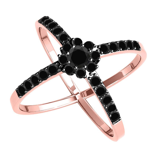 MauliJewels Diamond Criss Cross Ring For Women 0.30 Carat Round Natural Black Diamond Engagement Cross Shank Ring For Womens In 10K Solid Rose Gold Mauli Jewels