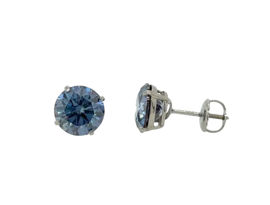 14K Gold Round Blue Moissanite Stud Earrings with Screw Back, GRA Certified D-VVS1 Clarity